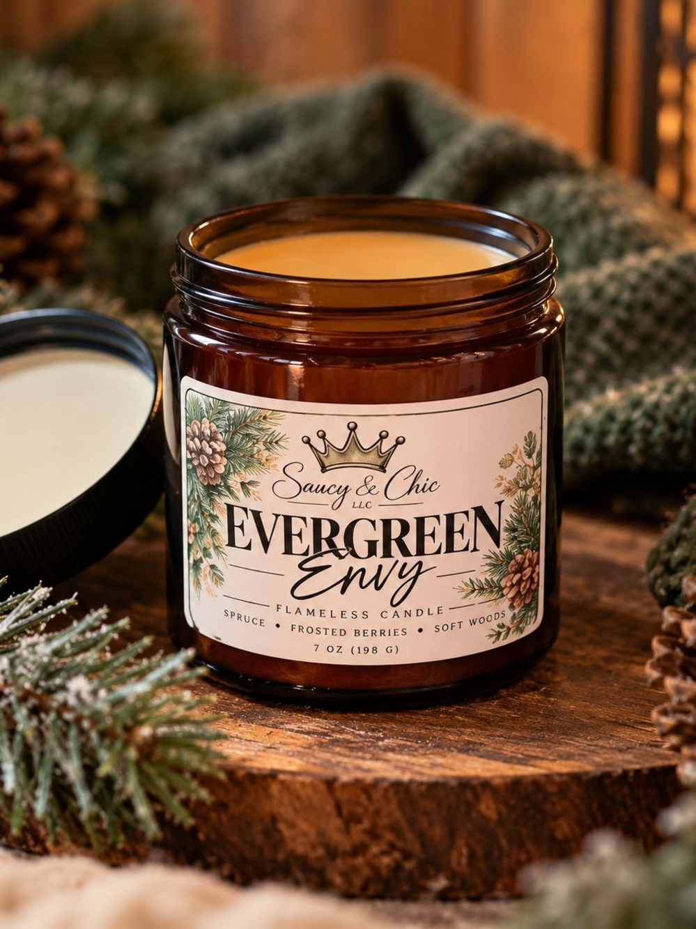 Saucy & Chic Evergreen Envy Flameless Candle - Brown Glass